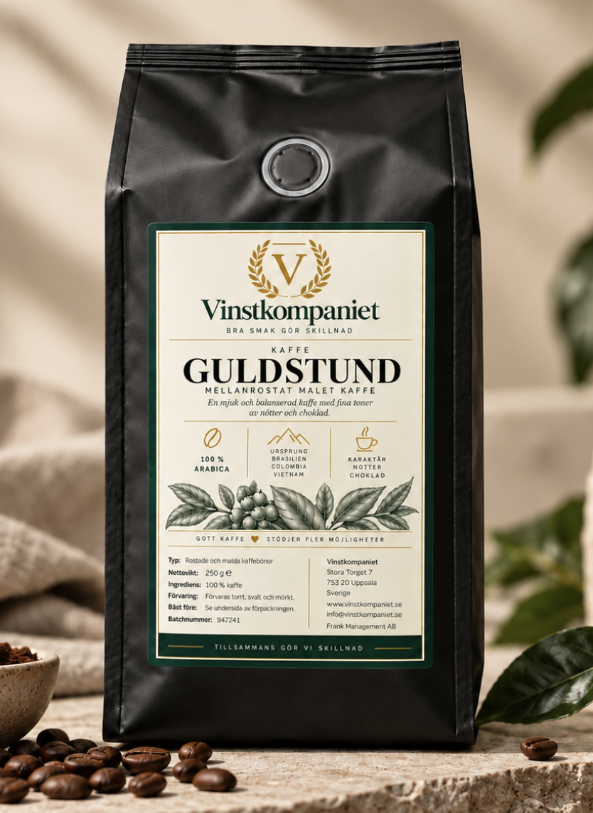 Vinstkompaniet Guldstund — kaffeförpackning med etikett designad och illustrerad av konstnären Emma Frank