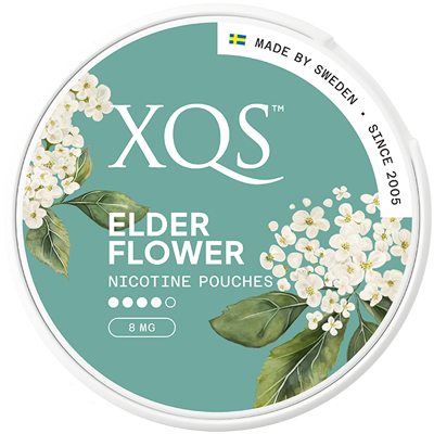 XQS Elderflower nicotine pouches — förpackningsdesign och illustration målad av konstnären Emma Frank